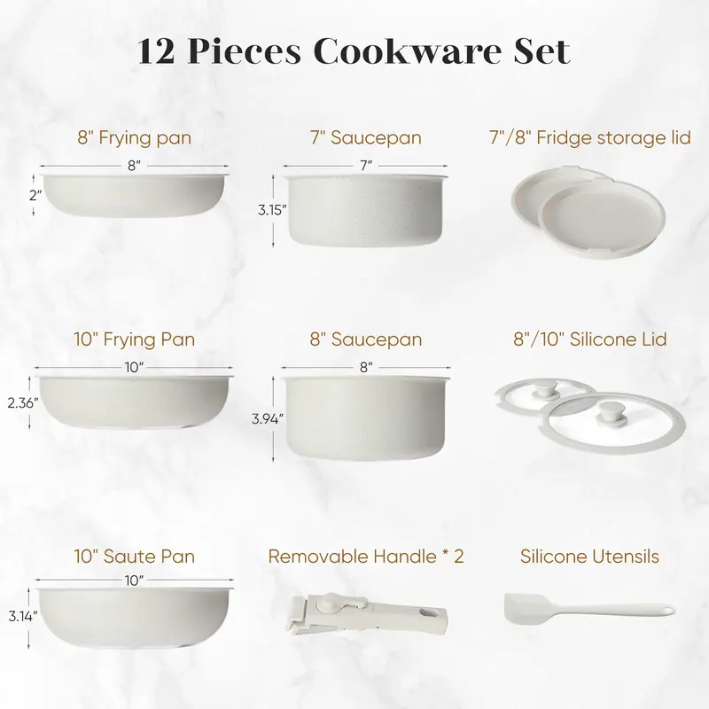 Alternative view of 12-Piece Nonstick Pots and Pans Set - Kitchen Cookware with Removable Handles - Ideal for Home Cooking, Cream White