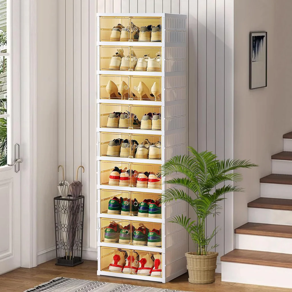 9 tier Ultimate Foldable Shoe Organizer – Fits 18 Pairs Space-Saving Stackable Cabinet Rack Clear Door  Plastics Stackable